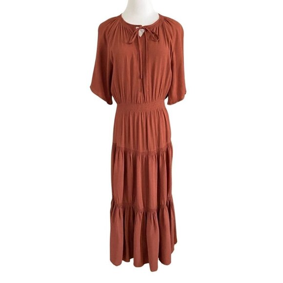 URBAN OUTFITTERS TERRA COTA BROWN TIERED SMOCKED PEASANT MAXI DRESS - S - Picture 1 of 10